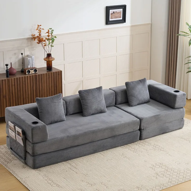 Schlafsofa aus Cord für bodennahes Sitzen, faltbar, Dunkelgrau，H 60 x T 277.5 x B 92.5 cm