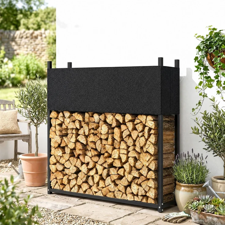 Outsunny Kaminholzregal, Verzinkter Stahl, Schwarz, 106L x 25B x 113H cm – Bild 8