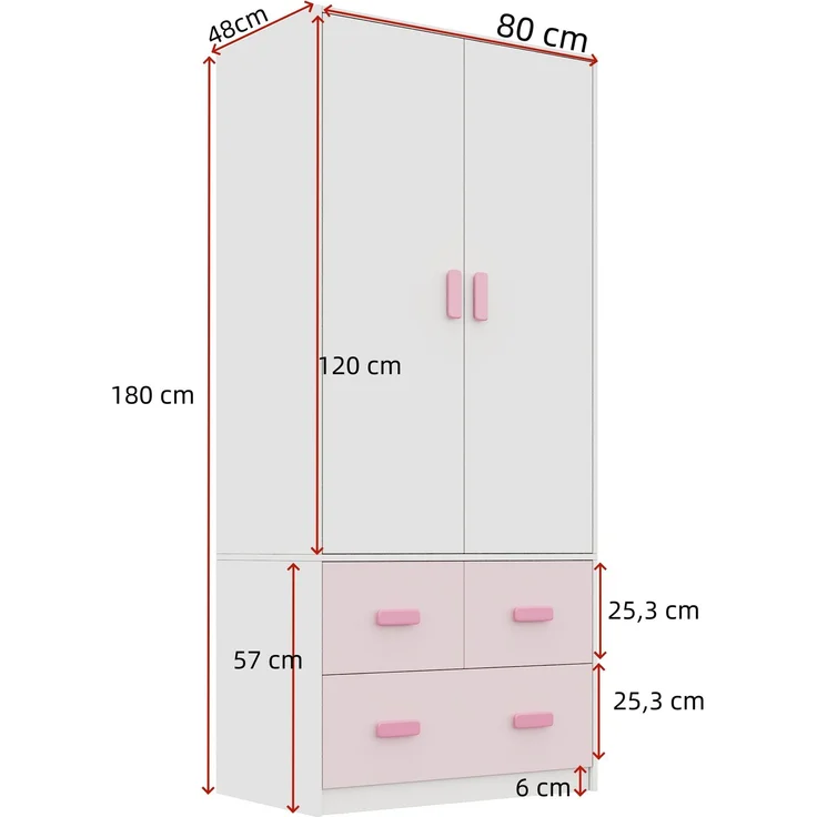 MODFU Kleiderschrank Rosafarbener Kinderschrank 80x48x180 cm mit weißen Akzenten (Packung, 1-St, Inkl. Kleiderstange & 3 Schubladen, pflegeleicht) Ideal als Schlafzimmerschrank für Mädchen & Jugendliche – Bild 5