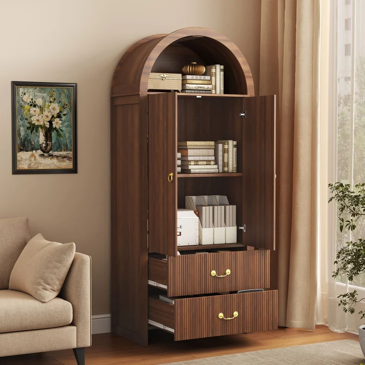 Hochschrank, B 76 x T 38 x H 180 cm, MDF und Spanplatte in Nussbaumoptik, mit LED-Beleuchtung – Bild 3