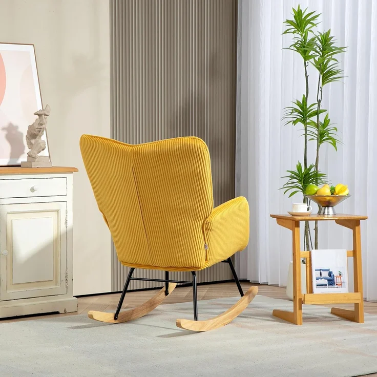 HOMCOM Schaukelstuhl Sessel mit Kord-Optik, Armlehne, Holzkufen (Schaukelsessel, 1 St), für Wohnzimmer, Schlafzimmer, Gelb – Bild 7