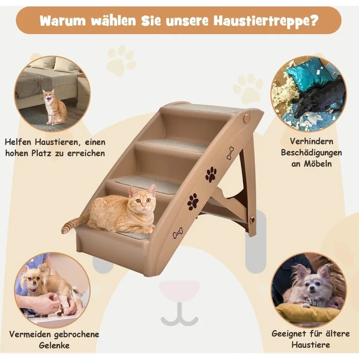 Haustiertreppe mit 4 Stufen Tragbare Kletterleiter Sichere Hunderampe 62,5 x 38 x 49 cm Braun