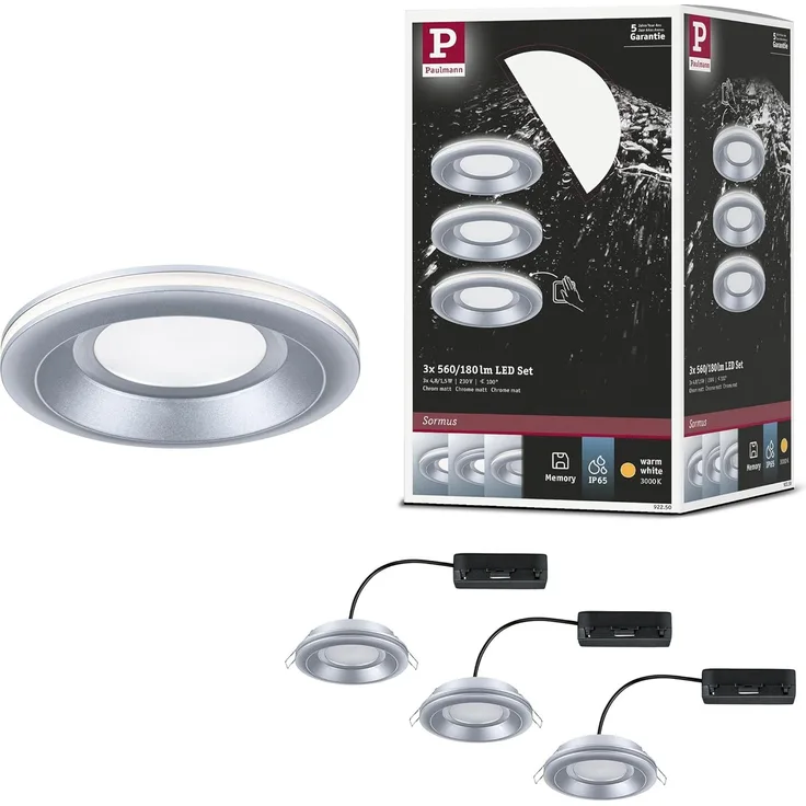 Paulmann 92250 LED Einbauleuchte Sormus 10cm 3er-Set IP65 rund chrom