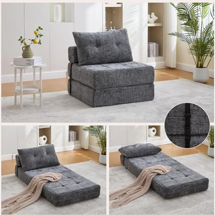 Ball & Cast Bodensofa, Umwandelbarer 2-in-1 Sofa Bett, Chenille Klappsofa mit Rückenlehne für Wohnzimmer und Schlafzimmer, Grau, 1 Sitzplatz – Bild 3