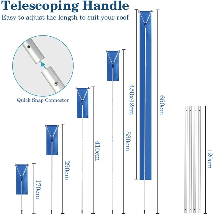 Todeco Schnee Rake Für Haus-Dach, Dach Rake Schneeräumer, Verstellbarer teleskopierbarer, Stiellänge 170-650cm, Oxford-Stoff 450 * 42cm, perfekt für den Schnee – Bild 6