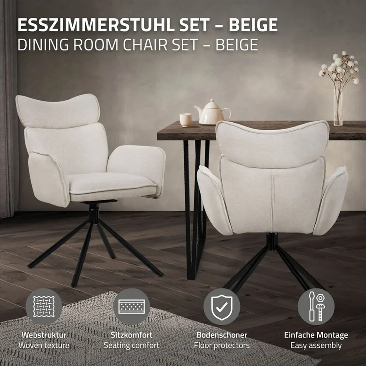 ML-DESIGN Polsterstuhl Drehstuhl mit Armlehne & Rückenlehne Ergonomische mit Metallbeine (6 St), Armlehnstuhl 6er Set Beige aus Polyester 360° Drehbar Sessel bis 120kg – Bild 2