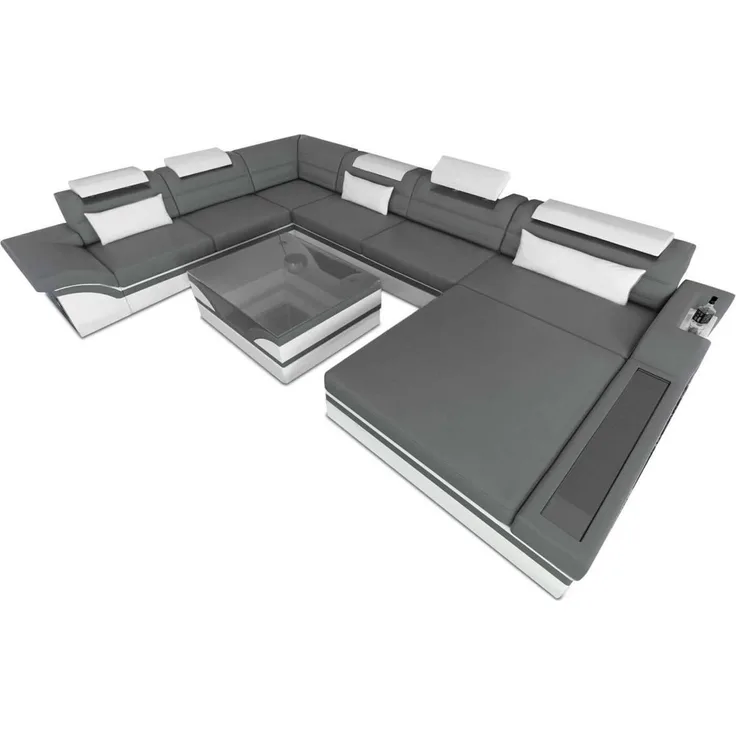 Mini Designer-Wohnlandschaft Mezzo XXL mit LED - Ledermix - Grau-Weiß - Rechts