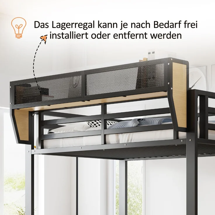 ZUBALIYA Hochbett 140 × 200 cm, Metall, LED-Beleuchtung, Leiter, Schwarz – Bild 7