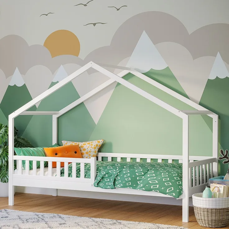 Bellabino 'Vils' Hausbett 90x200 cm, weiß, Kiefer Massivholz, Montessori Kinderbett mit Rausfallschutz und Lattenrost