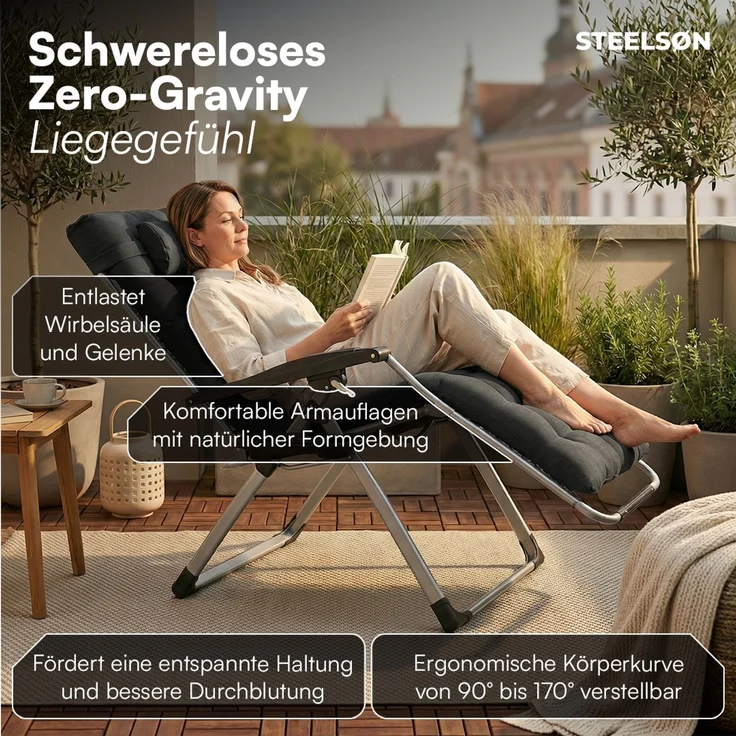 STEELSØN 'Lysira' Liegestuhl, klappbar & wetterfest, schwarz/silber, Sonnenliege mit extra dicker Polsterauflage, verstellbarer Gartenstuhl, bis 200 kg belastbar, 2er Set – Bild 3