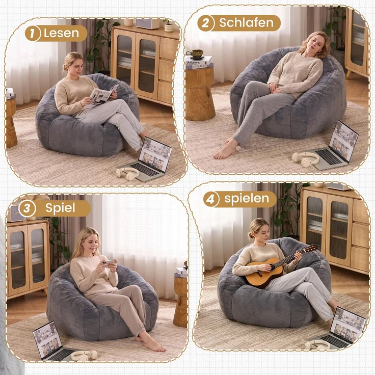 Sitzsack, ein Sitzsack für Erwachsene und Kinder, ein superweicher, bequemer und flauschiger Sitzsack für den Boden, ideal zum Spielen, Lesen und Entspannen - Mittel(Hellgrau)--Herde--98x98x60cm--YOUDENOVA – Bild 6