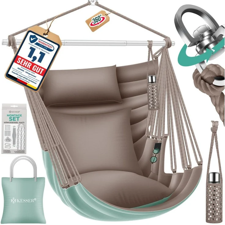KESSER® 'Haiti' Hängesessel, 360° drehbar, UV-beständig & wasserfest, inkl. 2 Kissen, Tragetasche, Flaschenhalter & Montage-Set, grün/taupe, bis 150 kg belastbar – Bild 5