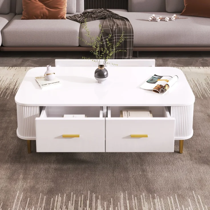 Couchtisch MDF mit 4 Schubladen & abgerundeten Kanten, 105x51x38 cm, Weiß – Bild 1