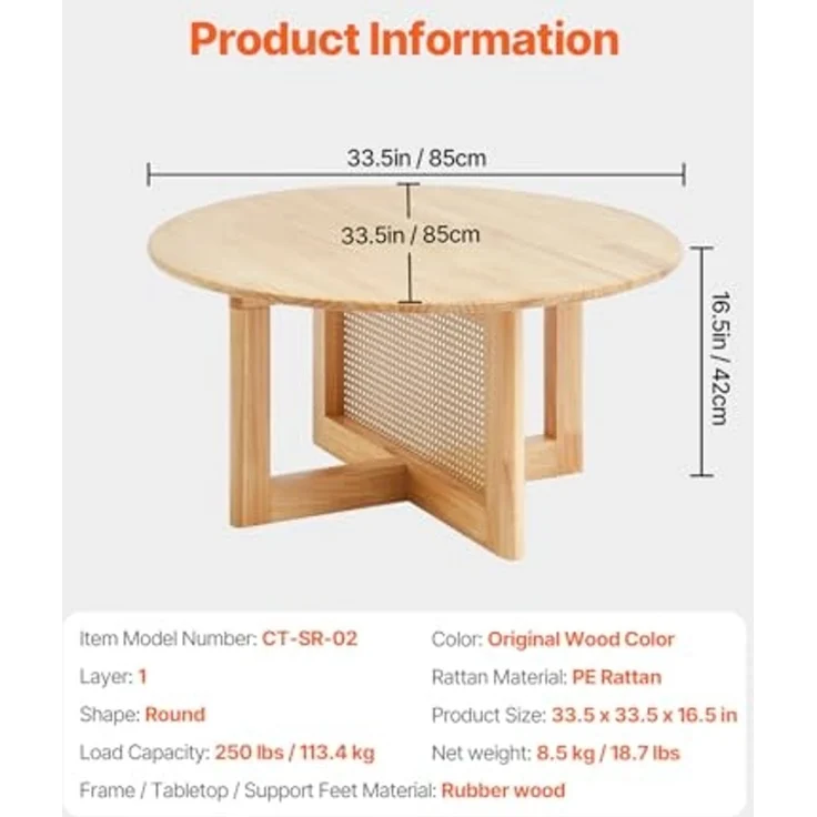 VEVOR runder Couchtisch aus geflochtenem Rattanholz mit Tischplatte aus Gummibaumholz, moderner Boho-Couchtisch (85 x 85 x 42 cm) mit Stauraum & Beinen aus Naturholz, für Wohnzimmer Schlafzimmer – Bild 3