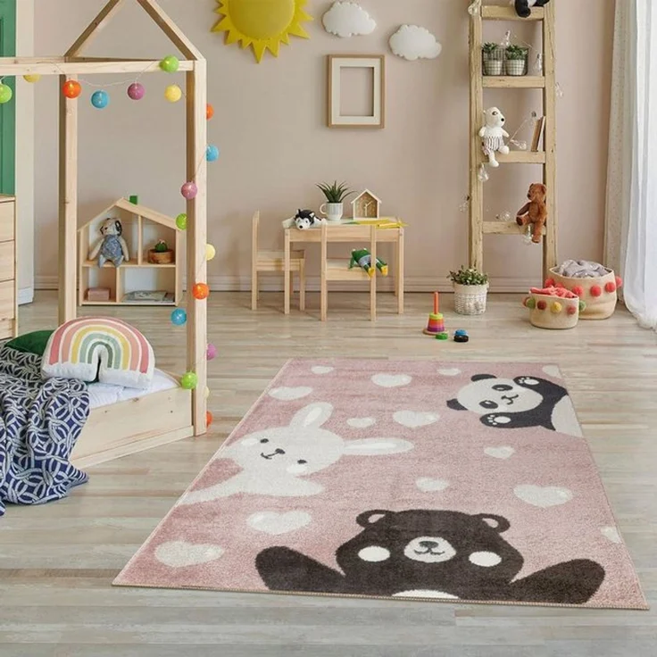Jimri Teppich Kinderzimmer - Teppiche für Kinderzimmer, Kinderteppich, Kinderteppich Mädchen, Bär, Hase, Panda, Herz, (Hellrosa, Größe: 80x150 cm) – Bild 4