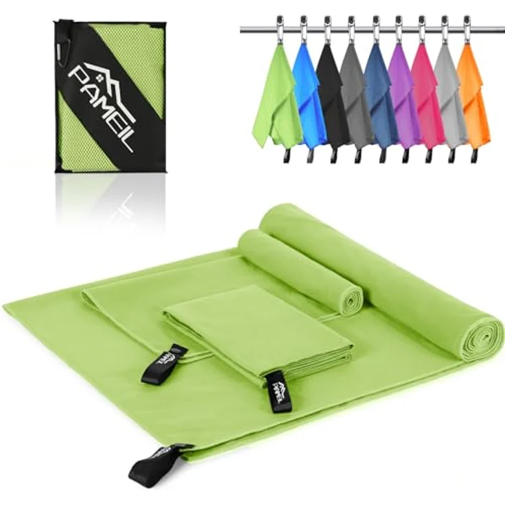 Pameil Mikrofaser Handtuch 3er Set, schnelltrocknend und super saugfähig, 1 großes Badetuch 160x80cm + 2 kleine Handtücher 80x40cm, ideal für Fitness und Sauna, grün – Bild 1