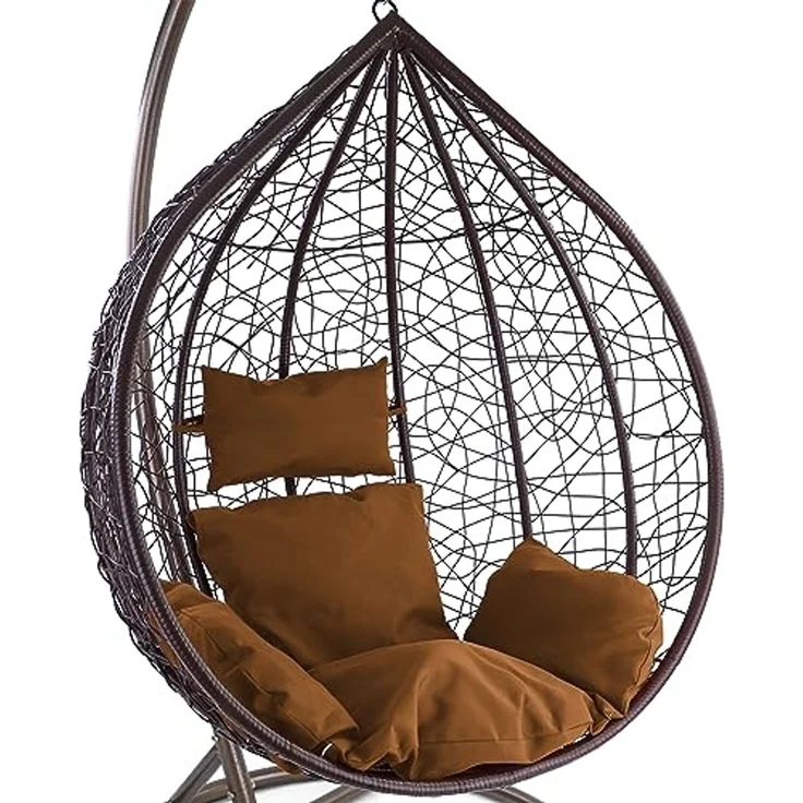 Luxus Hängesessel Miami XXL Polyrattan Korb braun Gestell braun Kissen Hellbraun – Bild 3
