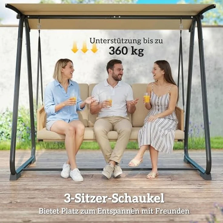 Outsunny Hollywoodschaukel mit verstellbar Sonnendach, abnehmbar Sitzauflage, 3-Sitzer, verstellbares Dach, Gartenschaukel, 1 tlg, Schaukelbank, 203 x 121 x 165 cm Sand – Bild 3