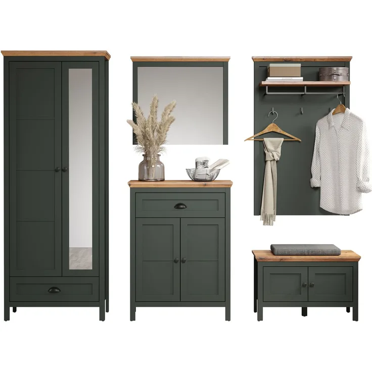 Garderobe Set Stanton in grün und Eiche Landhaus 260 x 198 cm