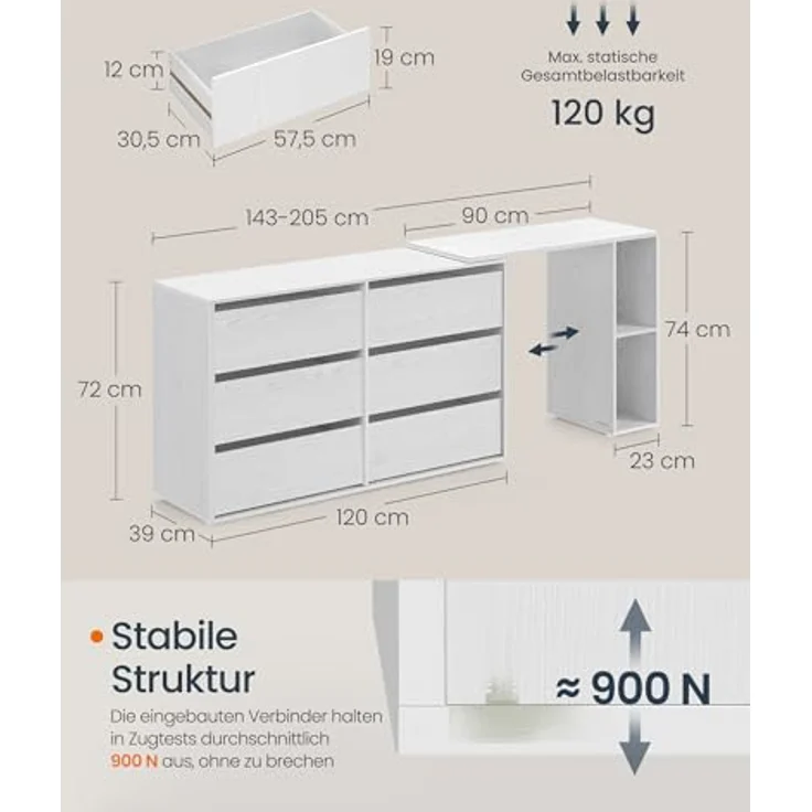 SONGMICS HOME Kommode, Schrank, Schminktisch mit Regal, Schnelle werkzeuglose Montage, nebeneinander oder L-förmig, für Schlafzimmer, Arbeitszimmer, Toolless-Technologie,schneeweiß – Bild 3