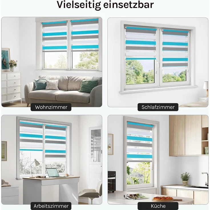 WOLTU Doppelrollo Klemmfix ohne Bohren Weiß+Grau+Türkis B85 x H150 cm, Duo Rollo Zebrarollo Fensterrollo Klemmrollo Seitenzugrollo Easyfix lichtdurchlässig & verdunkelnd Rollos für Fenster und Tür – Bild 8
