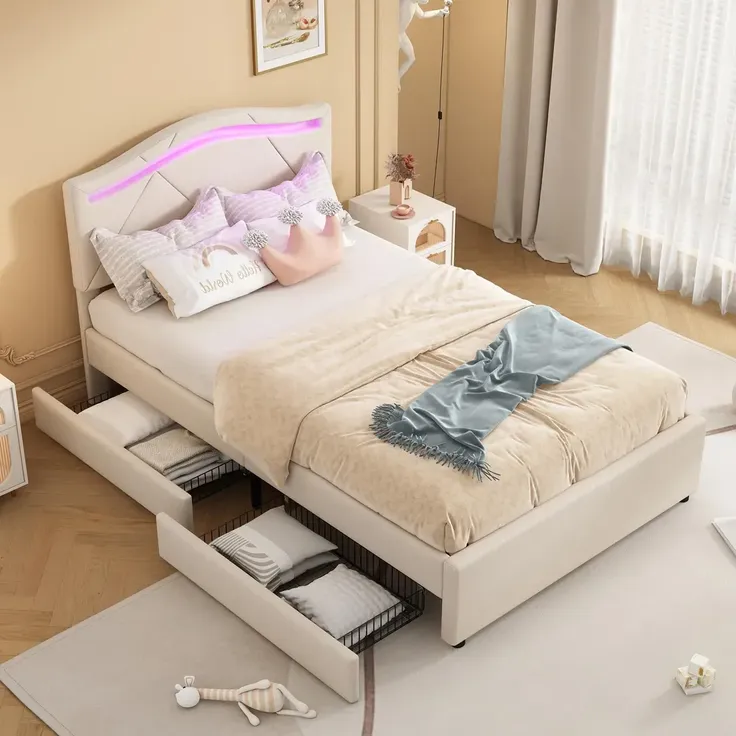 Polsterbett mit LED-Beleuchtung und Schubladen, 90x200cm, gepolsterter Kopfteil, Einzelbett, Stauraumbett, Leinen