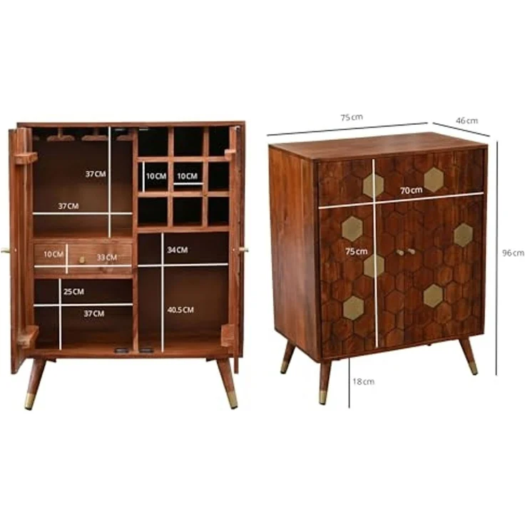 Barschrank Akazie Massivholz 75x96 cm Bar Möbel mit Waben Muster - Design Hausbar mit Türen - Weinschrank mit Glashalter - Getränkeschrank - Holz Bar Wohnzimmer Handmade – Bild 3