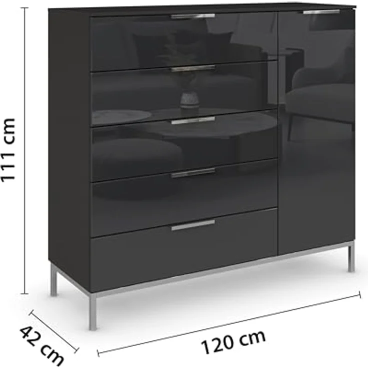 Rauch Möbel Flipp, Nachttisch für Schlafzimmer, Flur, Garderobe, 1-türig, 5 Schubladen, mit Softclose-Funktion, Farbe Front Glas Schwarz, Breite 120 cm – Bild 3