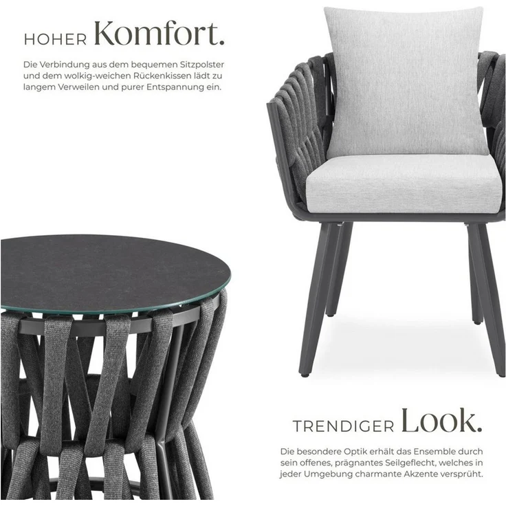 tectake Gartenlounge-Set Lugano - Trendiges Rope-Design mit wasserabweisenden Bezügen, (Set, 3-tlg), Extra dickes Sitzpolster und komfortables Rückenkissen – Bild 2