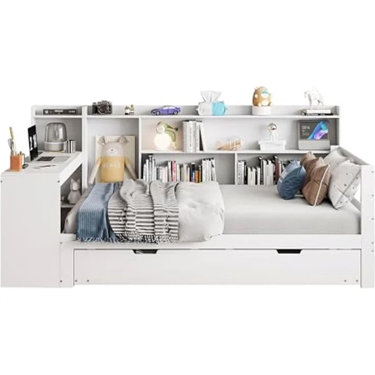 Odikalo Ausziehbett Daybett Schlafsofa Schreibtisch Regal Ablagefach Weiß/Grau 90/140 – Bild 4