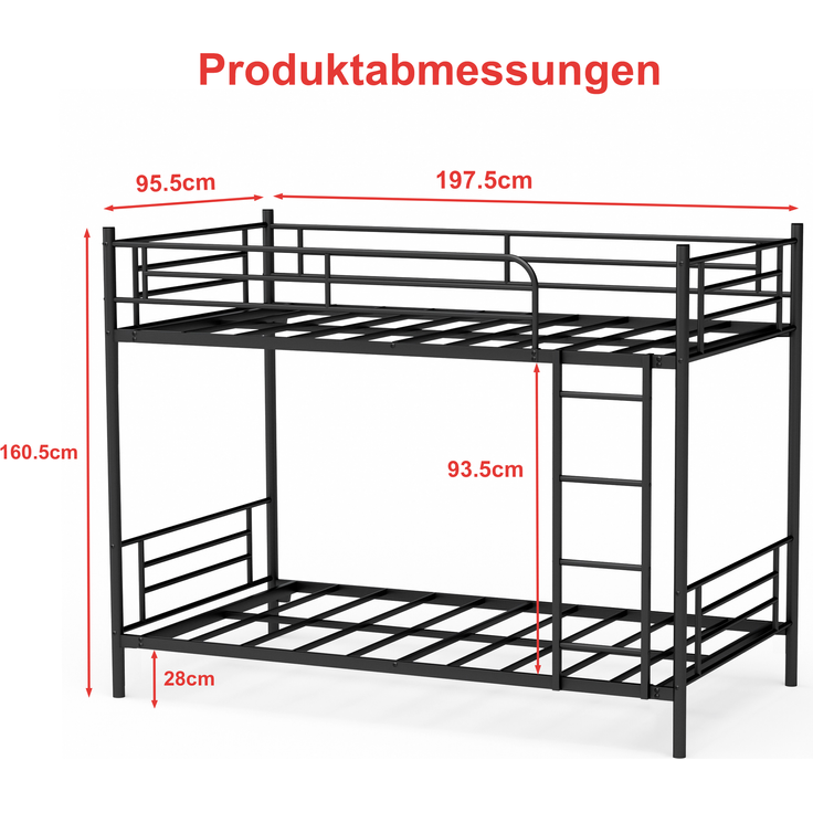 Etagenbett 90×190 cm mit Absturzsicherung und Leiter, Metall, Schwarz, ohne Matratze – Bild 5