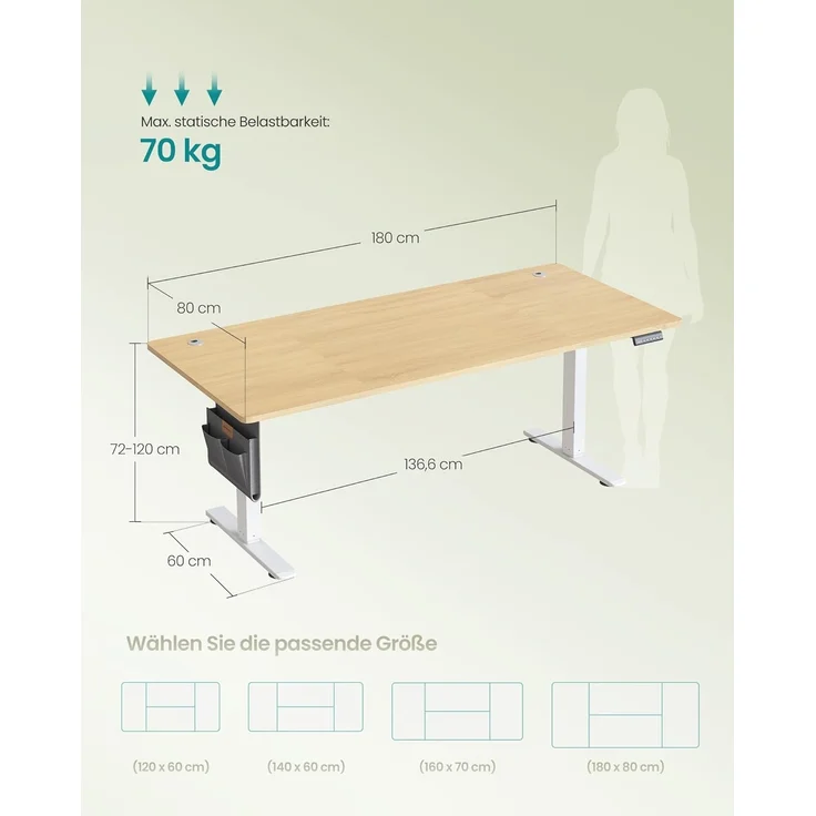 SONGMICS Höhenverstellbarer Schreibtisch elektrisch, 180x80 cm, Memory-Funktion mit 4 Höhen, USB-C-Anschluss, goldeichenfarben LSD138YA01 – Bild 7