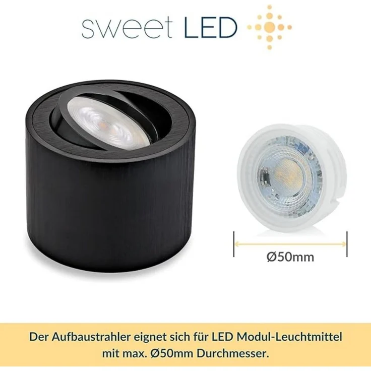 Sweet LED LED Aufbaustrahler 4er Set flache LED Aufbauspots schwarz - rund & schwenkbar, 5 W, 230V, LED wechselbar, Warmweiß, LED Deckenlampe, Deckenspot, Deckenstrahler – Bild 3