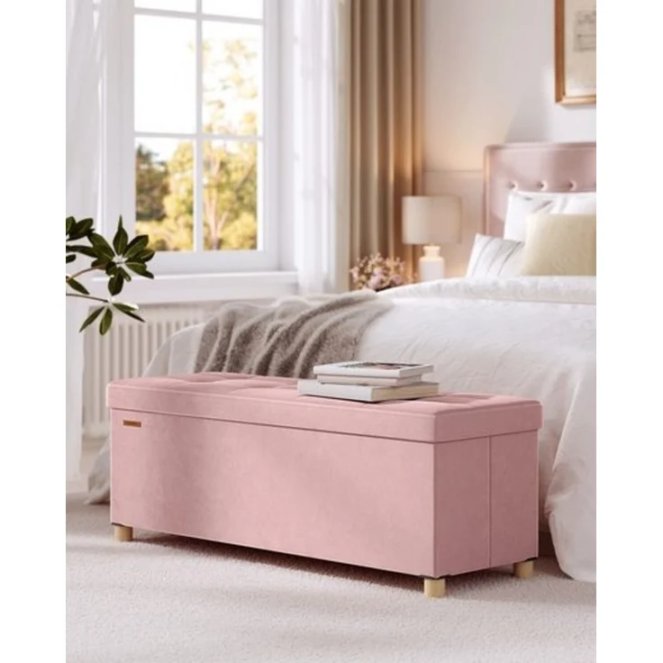 SONGMICS Sitzbank mit Stauraum, Hocker faltbar, 38 x 110 x 40 cm, Aufbewahrungsbox mit Deckel, Fußhocker 112 L, Samt, bis 300 kg belastbar, Flur Wohnzimmer Schlafzimmer – Bild 2