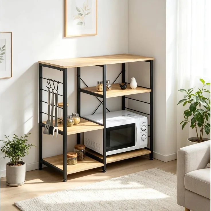 DESVIAE Regal mit 5 Ablagen und 4 Haken 90x83,5x40 cm MDF Stahl Eiche hell