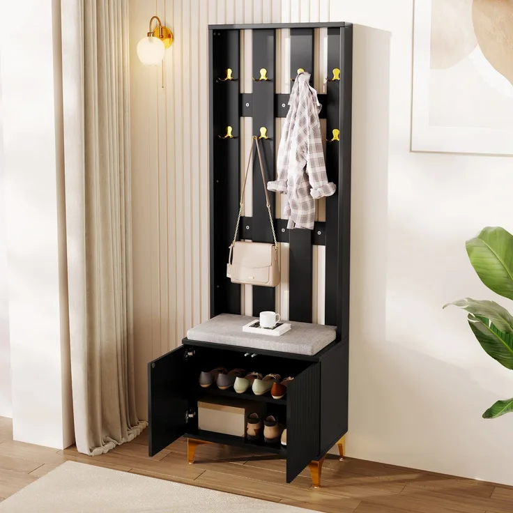 Garderobenset 60,5x35,2x180,5 cm, mit Schuhbank, Kissen, Wellenfront und Push-to-open in Schwarz/Gold