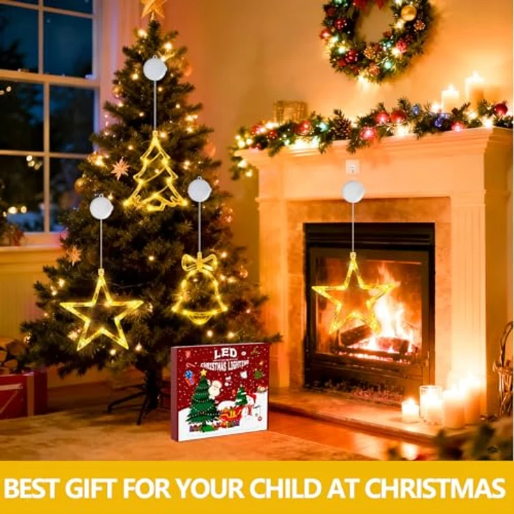 OUILA 4er Set LED Weihnachtsdeko Fenster, Stern + Weihnachtsbaum + Glocke Weihnachtsstern Fenster Batterie und Timer Saugnapf Lichterkette für Fensterbeleuchtung Weihnachten Innen Weihnachtsgeschenke – Bild 6