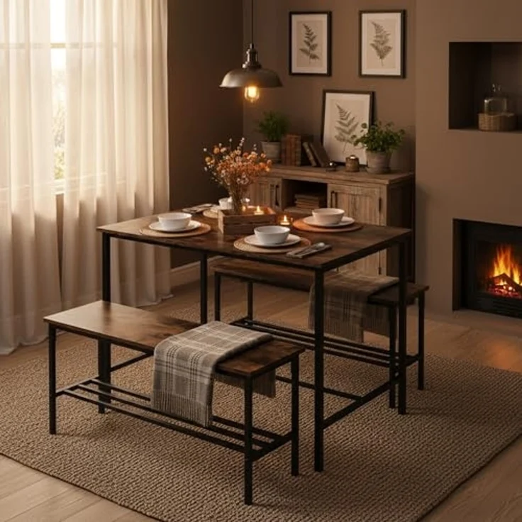 FurnitureR 3-teiliger Esstisch Set mit 2 Aufbewahrungsbänken, Vintage Holzplatte, schwarzer Metallrahmen, 110 cm Küchentisch, 2 Aufbewahrungsbänke von 100cm je, rustikal braun und schwarz – Bild 2