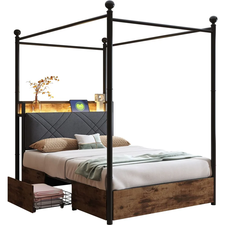Himmelbett mit LED, USB-Anschluss & gepolstertem Kopfteil, 90x190 cm, Schwarz, ohne Matratze – Bild 8