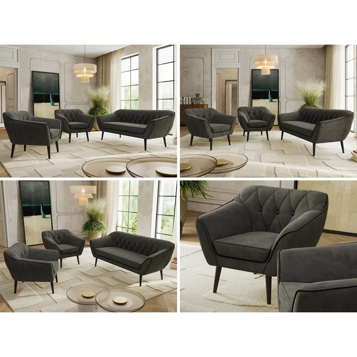Wohnzimmerset PIRS 1-1-3, Skandinavisches 3-Sitzer Sofa mit Sesseln, Sofa mit Wellenfederung, schwarze Füße, Skandinavisches Möbelset - Dunkelgrau Velvet – Bild 2