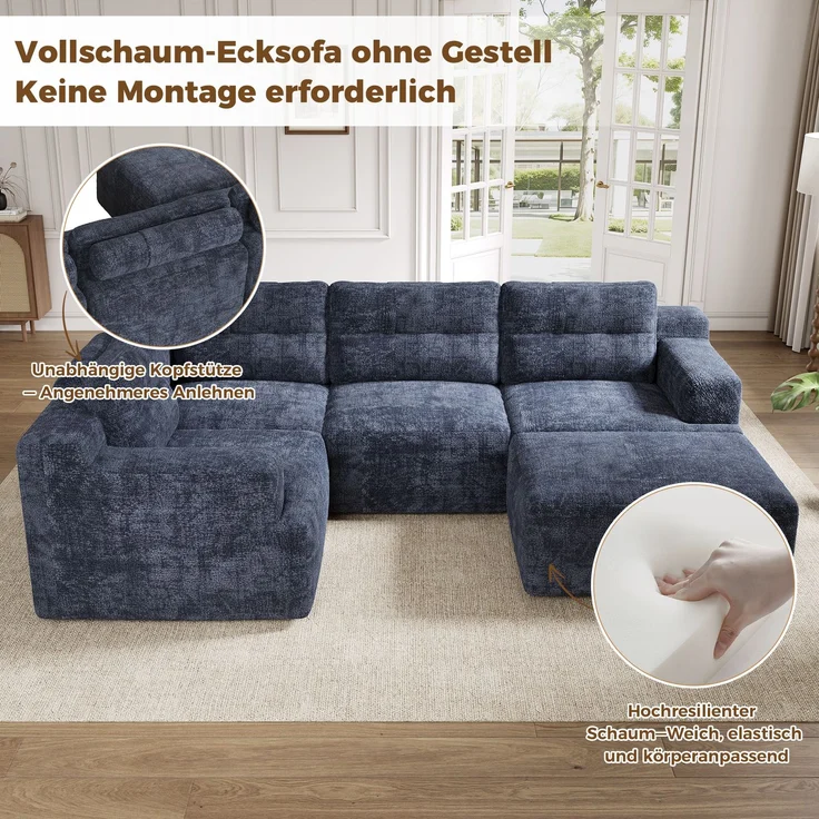5-Sitzer modulares U-Form Sofa 252 x 180 x 82 cm aus Chenille, rahmenlos – Bild 9