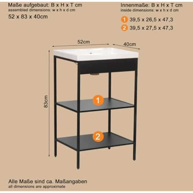 trendteam smart living - Lorin - Waschbeckenregal + Einsatzwaschbecken – Schwarz/Weiß - Regal mit 2 offenen Fächern - (BxHxT) 52 x 83 x 40 cm - modernes Design – Bild 3