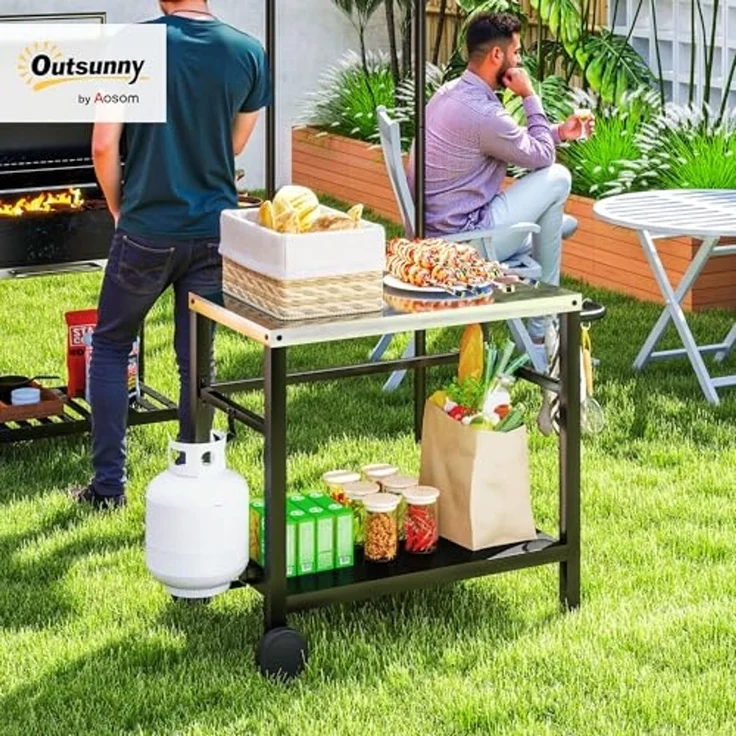 Outsunny Servierwagen mit Arbeitsfläche, Ablagen, Haken, Räder, (BBQ Grilltisch, 1 St, Grillwagen), für Garten, Terrasse, Grill, 102 x 56 x 81cm – Bild 2