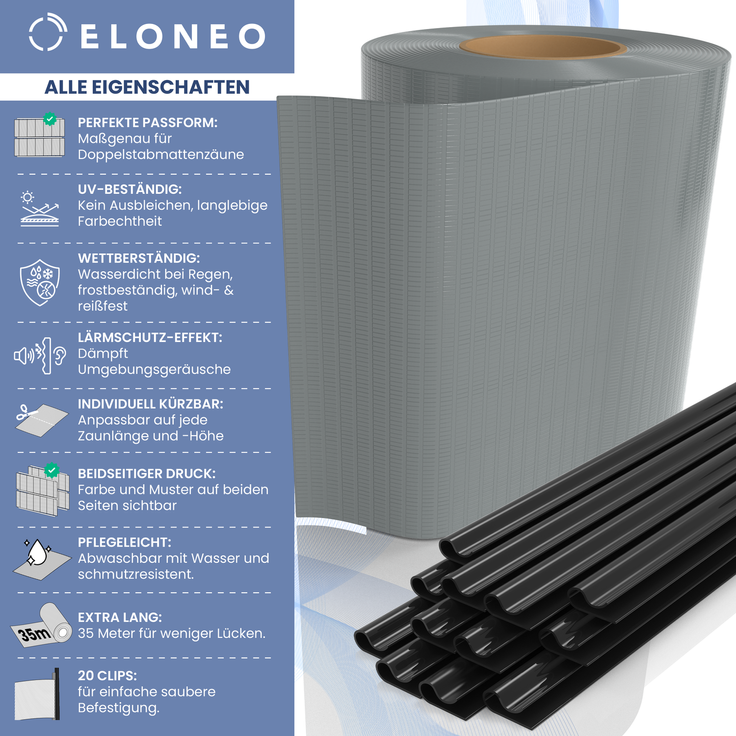 ELONEO PVC Sichtschutzstreifen für Doppelstabmattenzaun, 35m x 19cm, 1er-Set Hellgrau – Bild 2