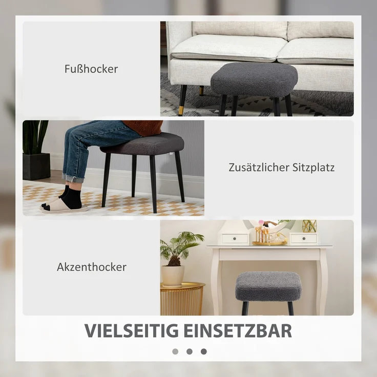 Hocker, Fußstütze, gepolsterter Sitz, Kaschmir-Optik, Stahlbeine, 42 x 42 x 44 cm, Dunkelgrau--Dunkelgrau--42x42x44cm--YOUDENOVA – Bild 7