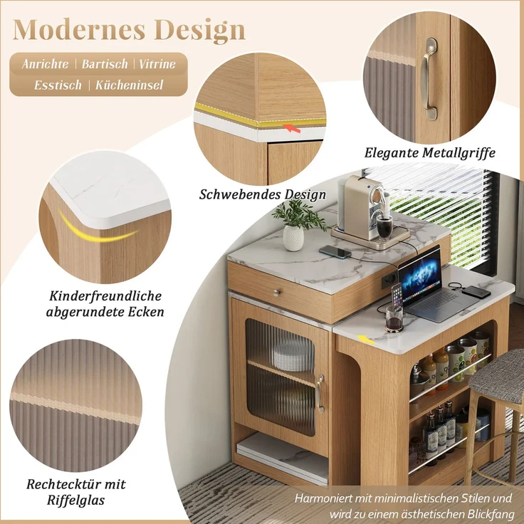 Merax Kücheninsel mit Rollen, Ausziehbarer Esstisch mit abnehmbarer Tischplatte, Bartisch mit Steckdosenleisten, dient als Kücheninsel, Anrichte, Sideboard oder Bartisch für Küche und Esszimmer (Natur) – Bild 5