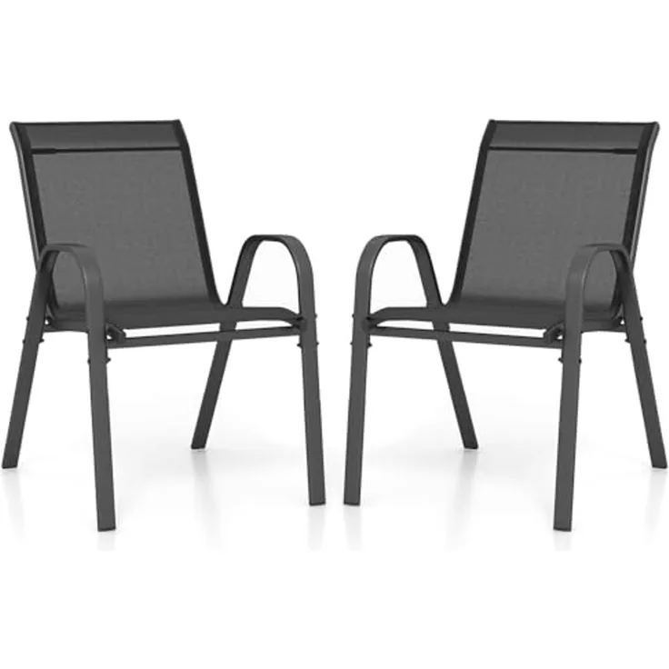 FANTASK 2er Set Stapelstühle, Terrassenstühle aus Textilene und Metallgestell, Balkonstühle mit Armlehnen, Gartenstühle stapelbar bis 150 kg belastbar, 56 x 70 x 84 cm (Schwarz)