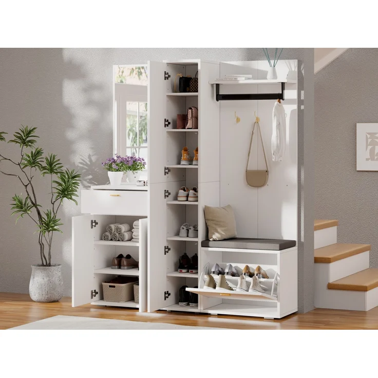 Garderobenset 150x36x180 cm in Weiß mit Spiegel, Sitzbank und Schuhkipper – Bild 3