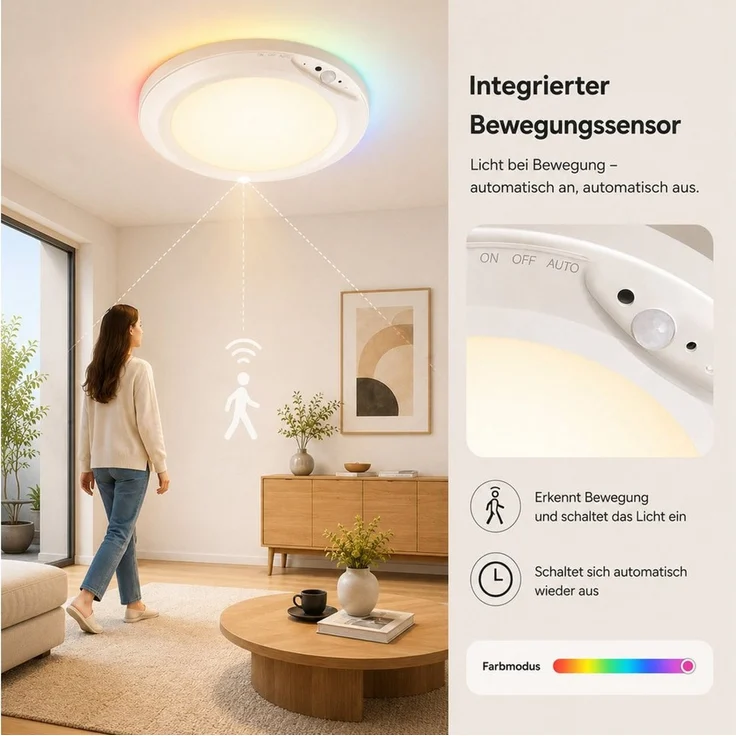 ibettertec Deckenleuchte LED Deckenleuchte Akku RGB Deckenleuchte Flach Rund Ø20CM 4200 mAh, LED fest integriert, mit Bewegungsmelder, 6500K RGB, akku deckenleuchte, deckenlampe ohne bohren, deckenlampe bunt, für Schlafzimmer Küche Keller Balkon Büro W... – Bild 4