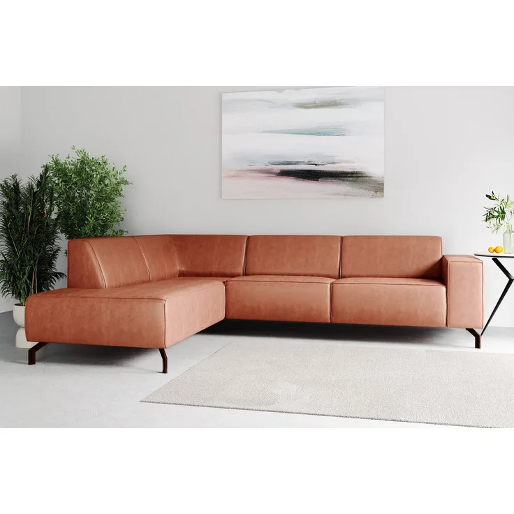 Places of Style Ecksofa Lorcan, mit schwarzen Metallfüßen, Lederoptik und in weichem Strukturstoff